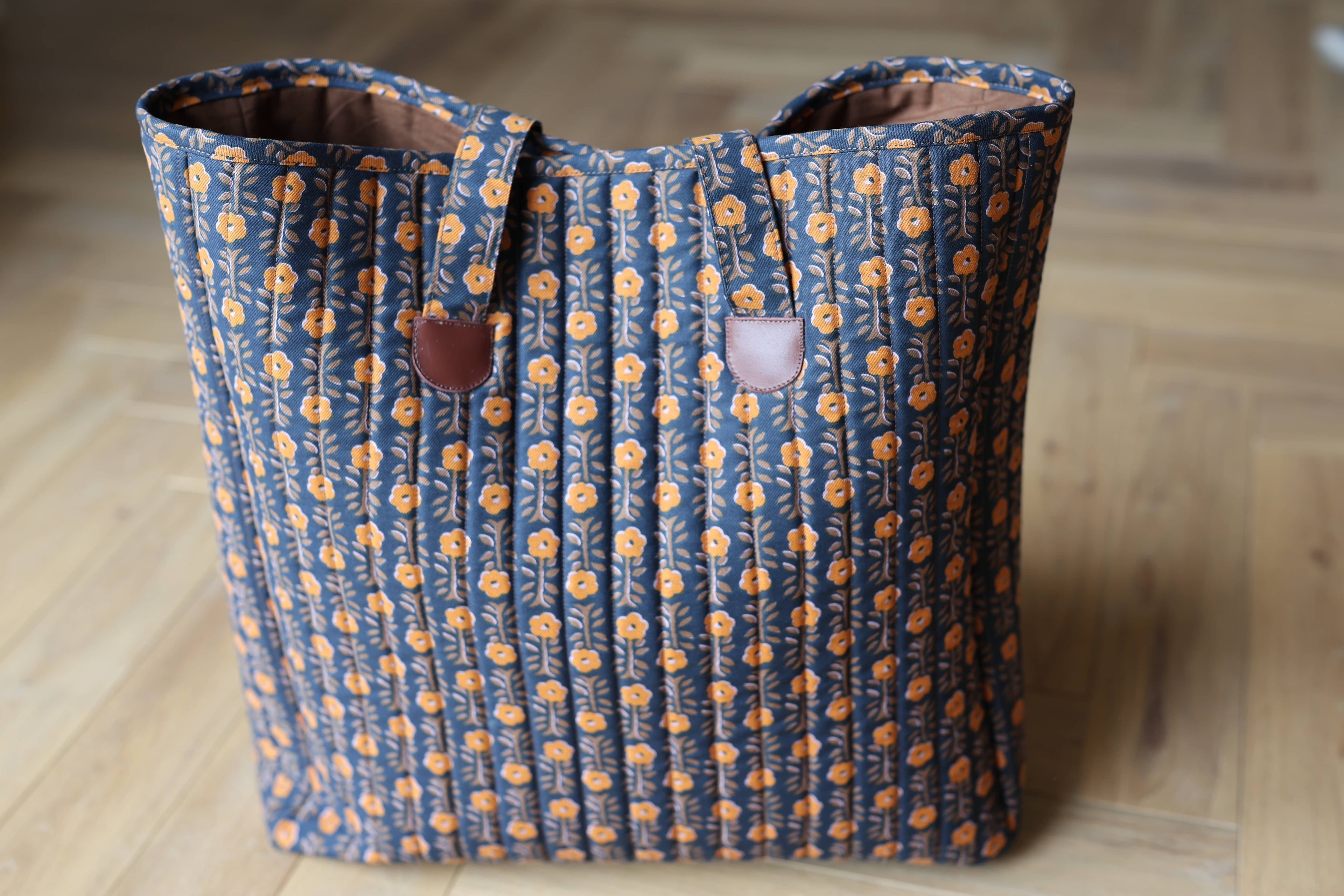 Sac cabas matelassé Le Titi Sac en coton motif indien et cuir, création artisanale, devant