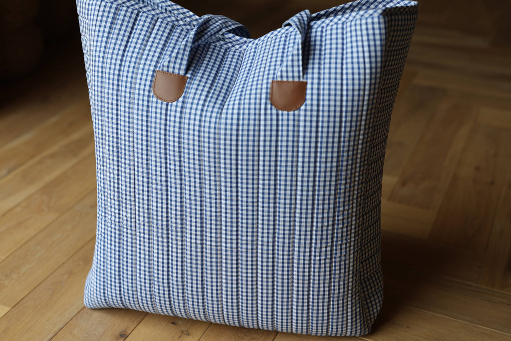 Sac cabas matelassé Le Titi Sac en coton vichy bleu et cuir, cousu dans mon atelier, coté